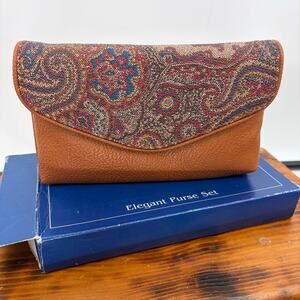 Lady Ronte Vintage Brown Faux Leather Paisley Tapestry 4 Piece Clutch Purse